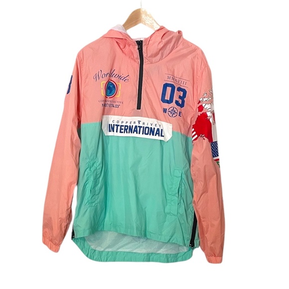 NEW Copper Rivet Denim Factory Half Zip Hooded Multicolored Windbreaker, Large - Picture 3 of 10